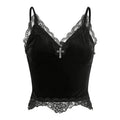 Floerns Womens Y2k Gothic Lace Solid Velvet Spaghetti Strap V Neck Cami Top Dark Black Small