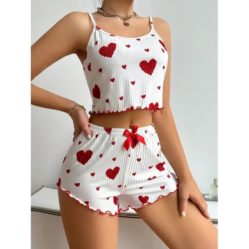 Heart Print PJ Shorts Set Women Pajamas