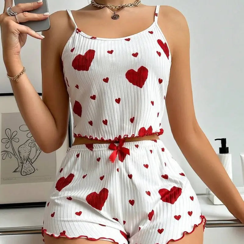 Heart Print PJ Shorts Set Women Pajamas