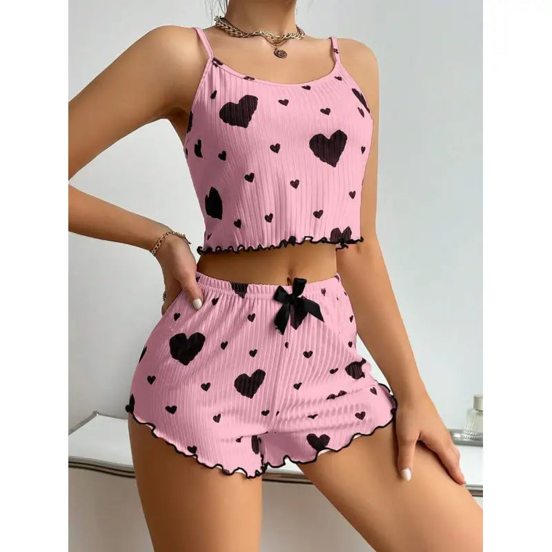 Heart Print PJ Shorts Set Women Pajamas