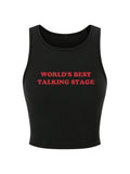 World's best Talking Stage | Womens Y2K Letter Print Crop Top Sleeveless Rib Knit Tank Top Summer Vest Tops Black Graphic