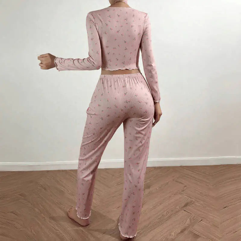 Home Wear Casual Printed Trousers Long Sleeve  Daily Wear Two-piece Set