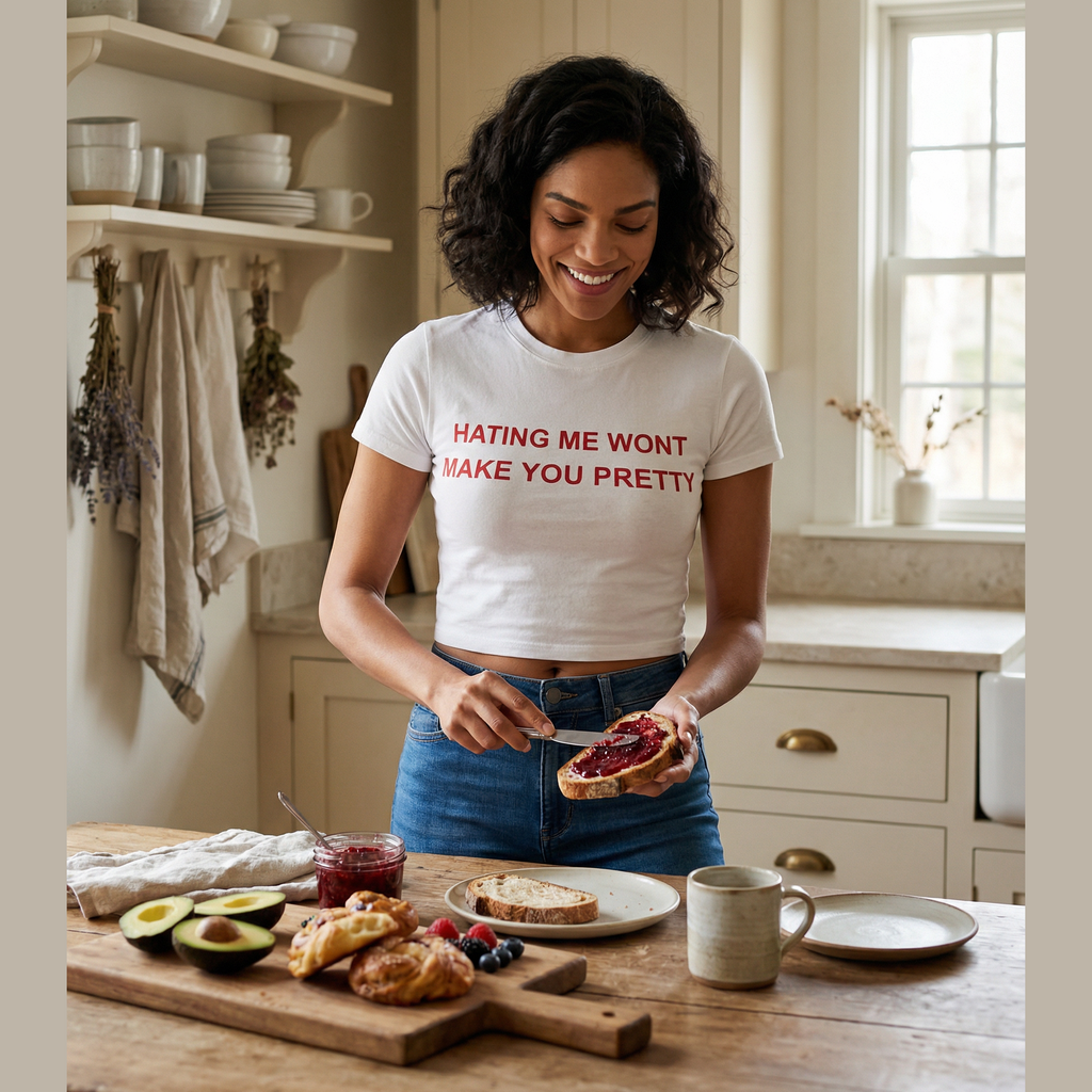 Woman in a kitchen preparing food, wearing a t-shirt with text.