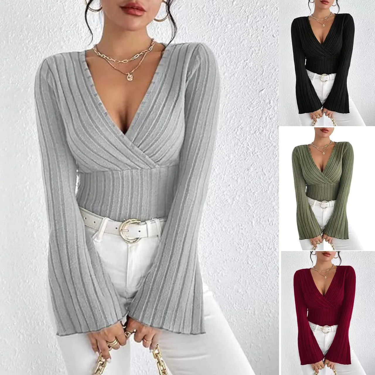 Midnight Solstice Ribbed V-Neck Slim-Fit Long Sleeve Top