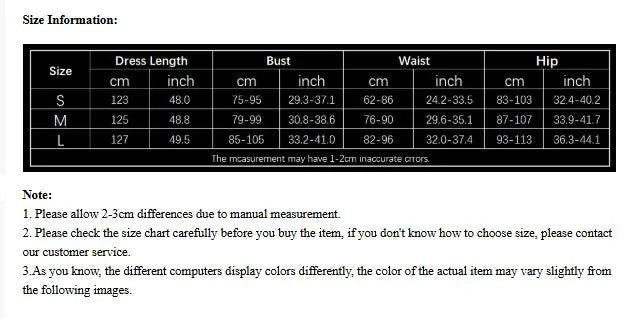 Size chart for dresses with measurements in inches and centimeters.