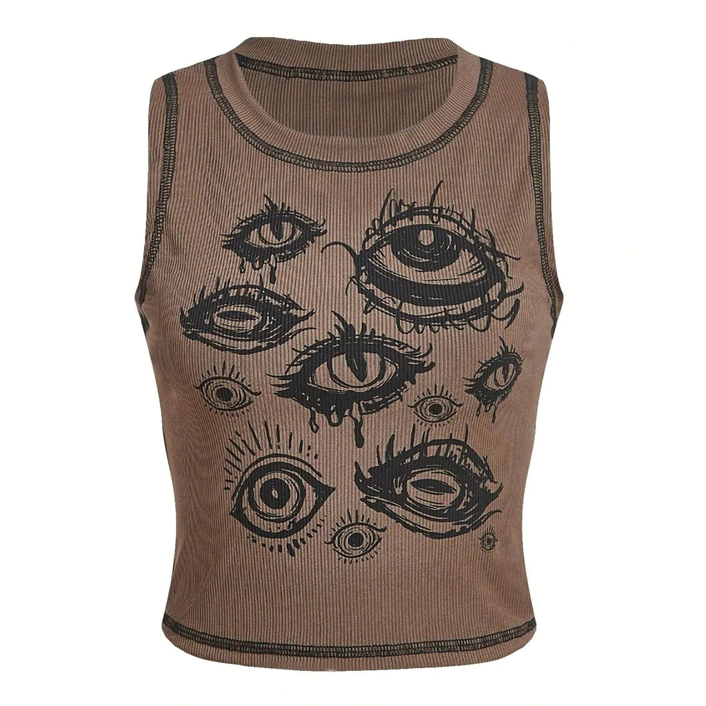 Womens Y2k Goth Eye Print Crop Tank Top Round Neck Sleeveless Summer Tops Khaki Print S