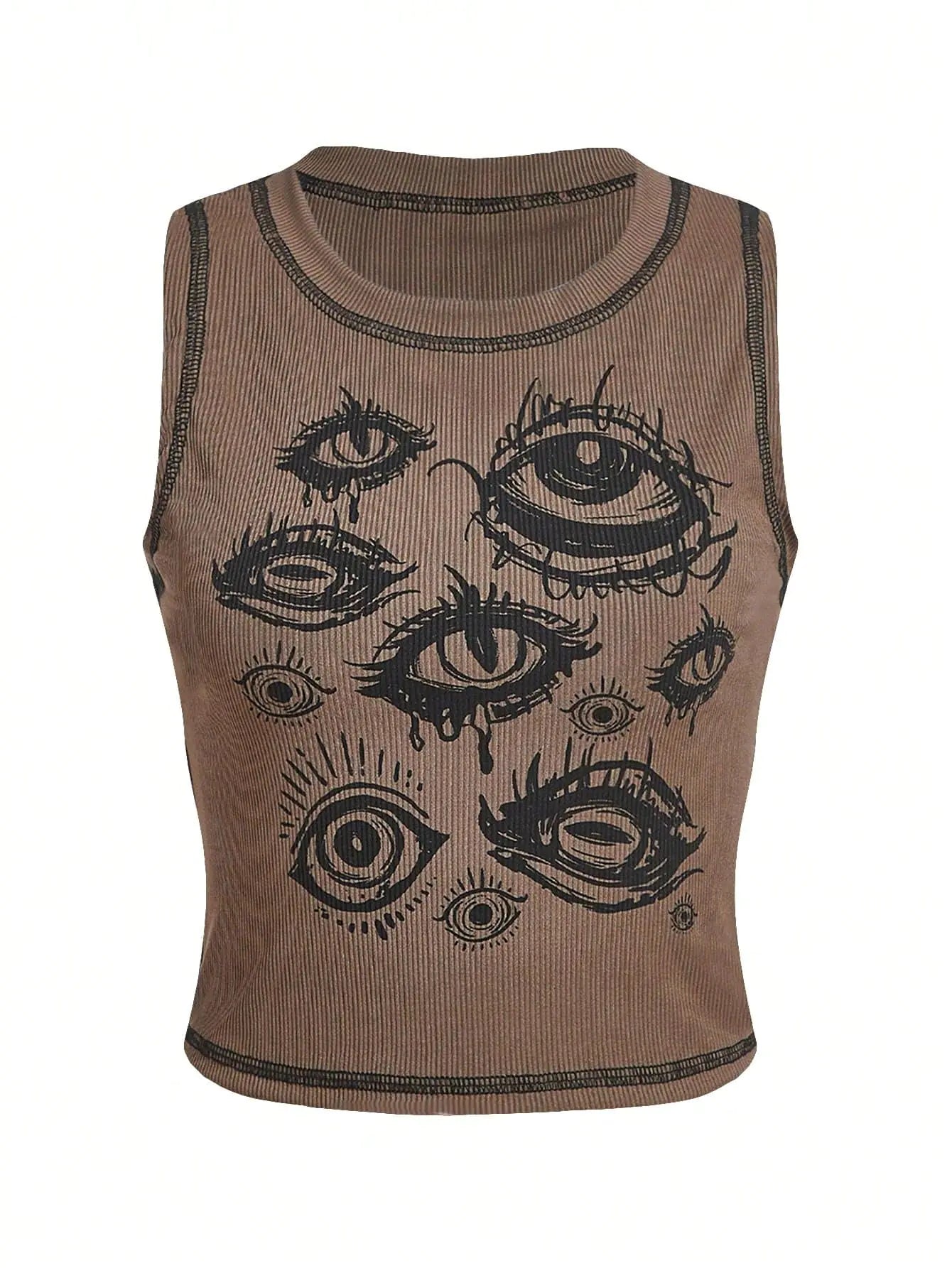 Womens Y2k Goth Eye Print Crop Tank Top Round Neck Sleeveless Summer Tops Khaki Print S