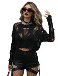 Womens Gothic Sheer Mesh Sexy Crop Sweaters y2k Long Sleeve See Through Crochet Knit Pullover Tops