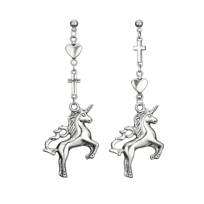 Gothic Vintage Heart Unicorn Earrings with Pendants