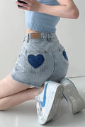 Hot Girl High Waist Denim Shorts | Trendy Wide Leg Summer Jean Shorts | Heart Pocket Denim Shorts