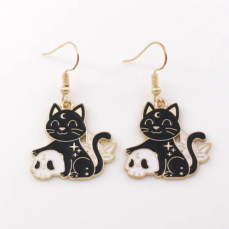 Gothic Black Cat Skull Earrings for Women's Jewelry