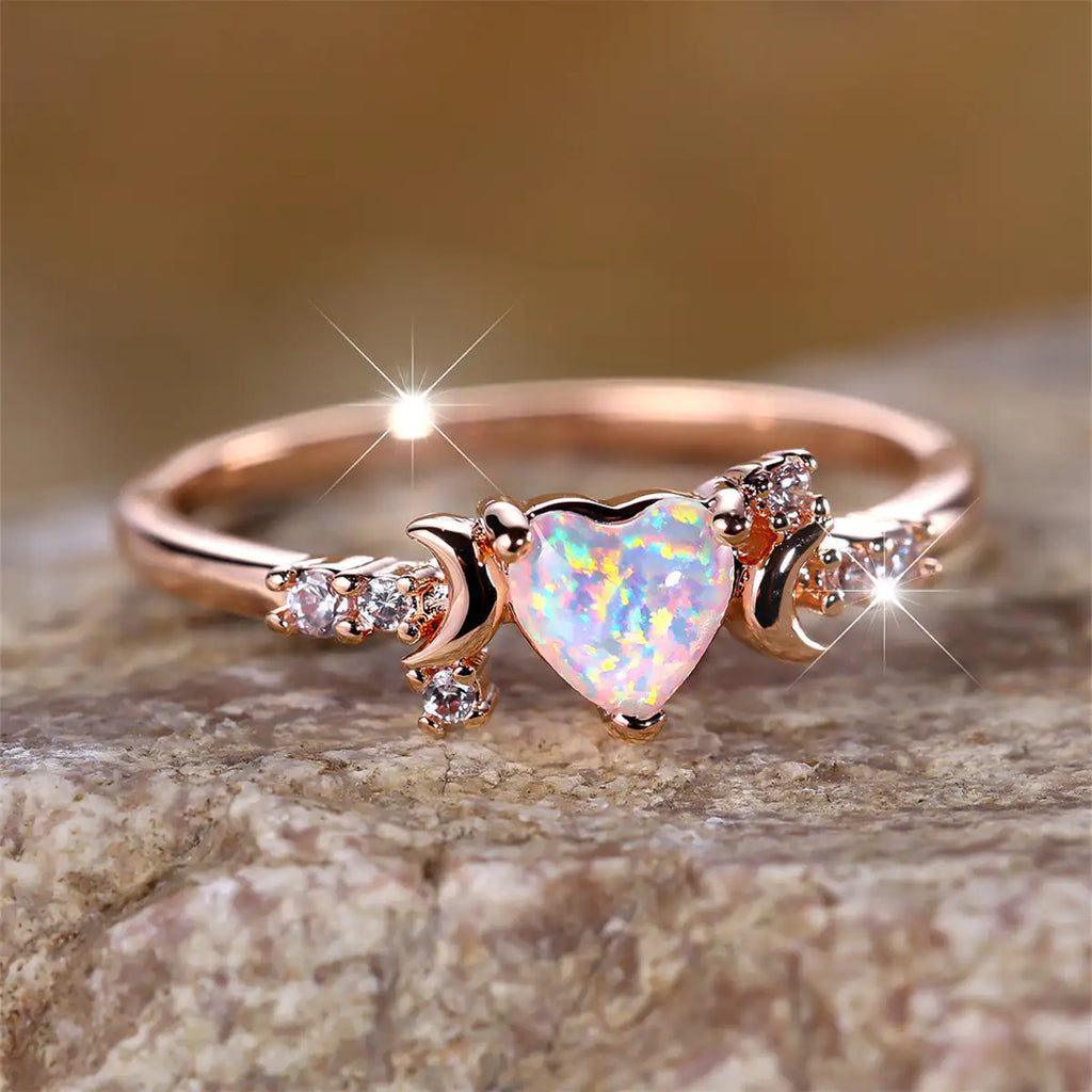 Midnight Solstice Copper New Love Moon Celestial Heart & Moon Opal Ring | Soft Mystic Statement Ring
