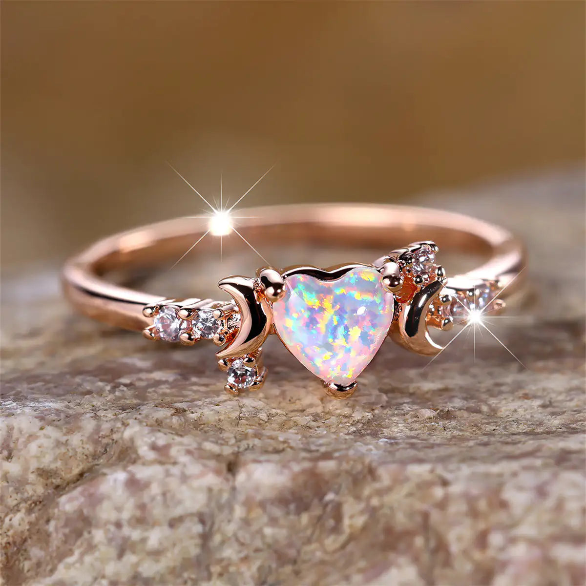 Midnight Solstice Copper New Love Moon Celestial Heart & Moon Opal Ring | Soft Mystic Statement Ring