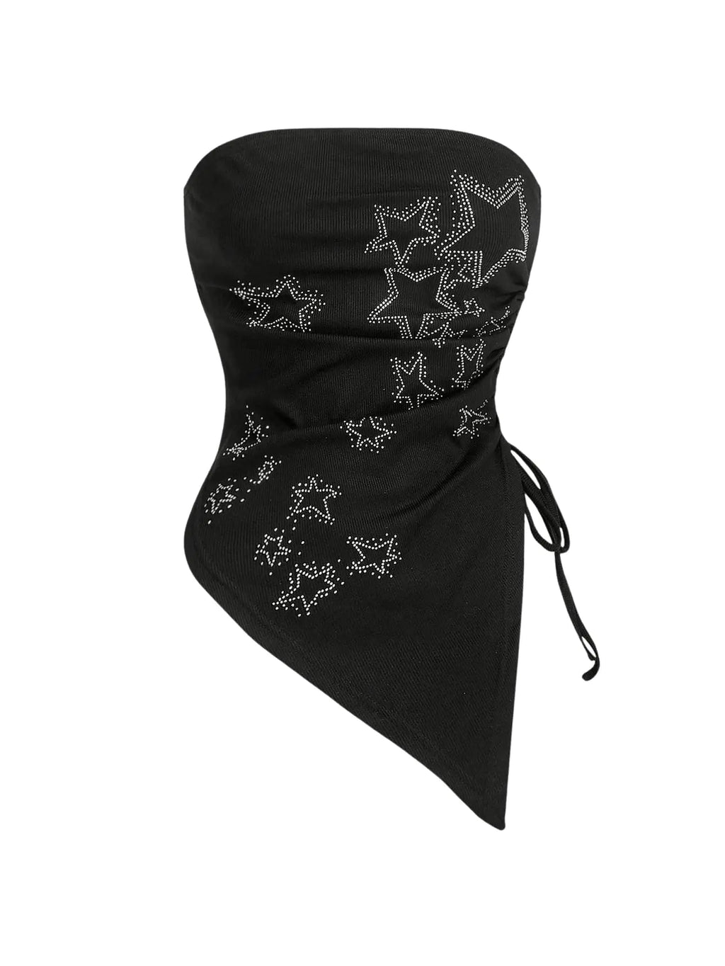 Womens Y2k Rhinestone Asymmetrical Bandeau Goth Drawstring Ruched Tube Tops Black Small
