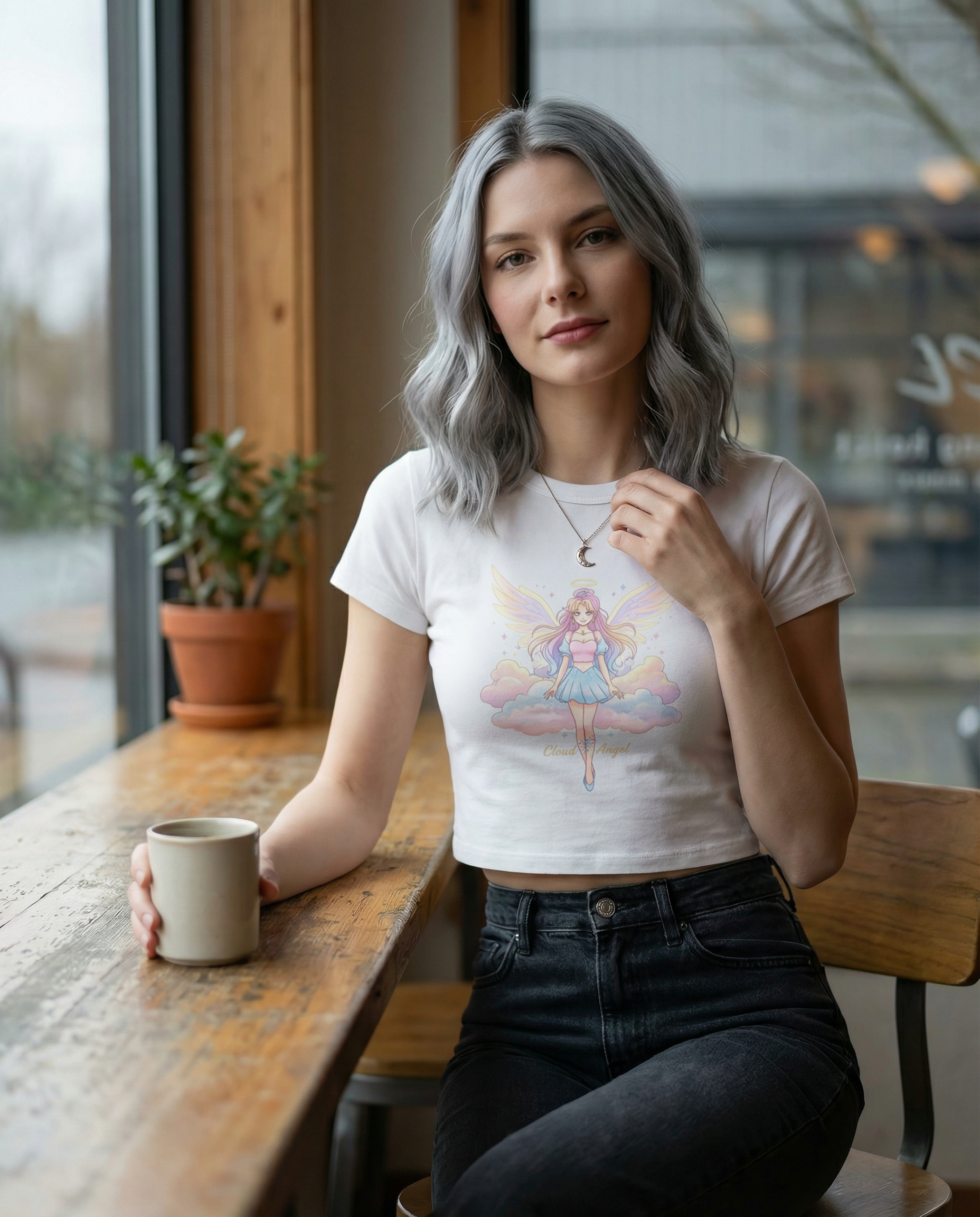 Cloud Angel Cropped Baby Tee | Fitted Y2K Graphic Crop Top in Soft Cotton Stretch