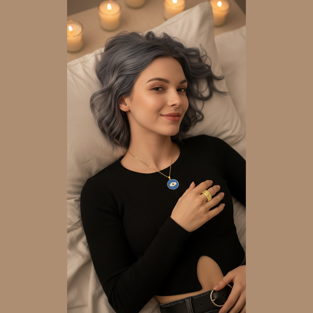 Woman with gray hair lying on a bed with candles in the background