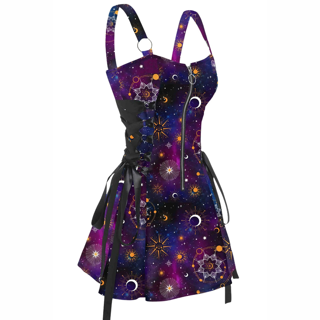 Womens Gothic Dress Galaxy  | Sun Star Sleeveless Zip Front | Lace Up A-Line Mini Dress