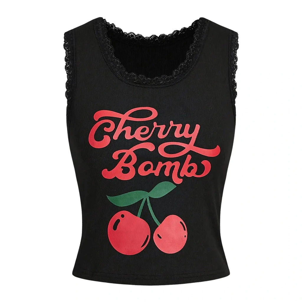 Womens Y2K Sleeveless Round Neck Cherry Letter Print Tank Top Black Small