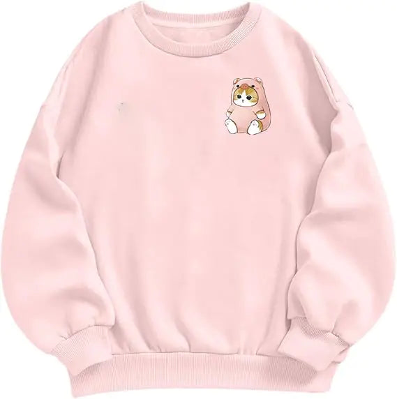 Cute Kawaii Cat Graphic Sweatshirts For Teen Girls Funny Preppy Crewneck Pullover For Women Printed Long Sleeve Tops(PinkXL)