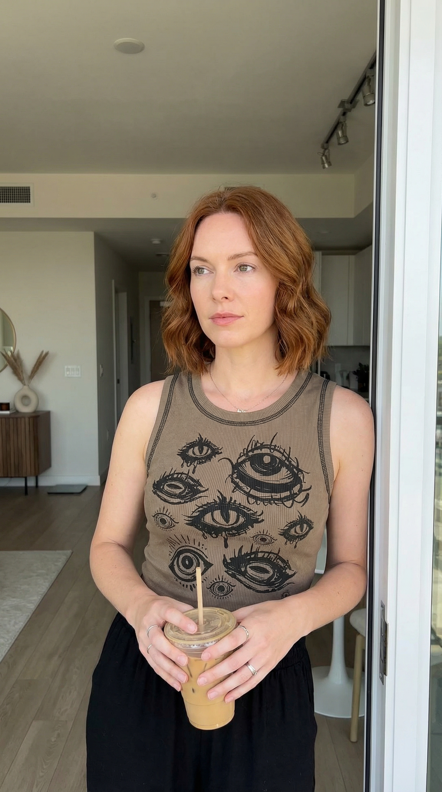 Womens Y2k Goth Eye Print Crop Tank Top Round Neck Sleeveless Summer Tops Khaki Print S