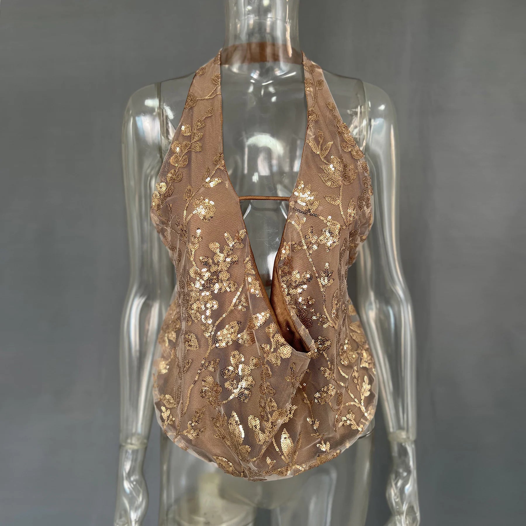 Summer Spring Backless Sequined V-neck Top