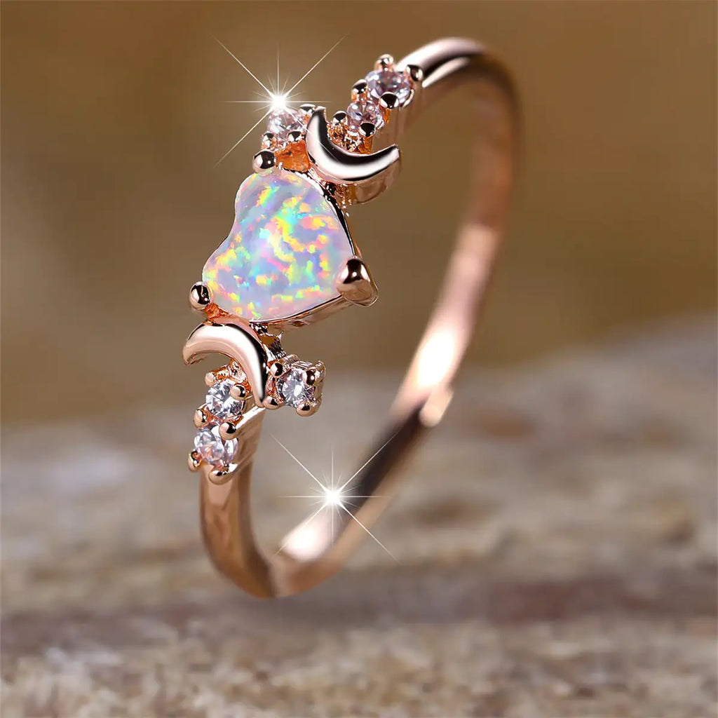 Midnight Solstice Copper New Love Moon Celestial Heart & Moon Opal Ring | Soft Mystic Statement Ring
