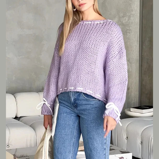 Bowknot Y2K Sweater – Long Sleeve Knit Top