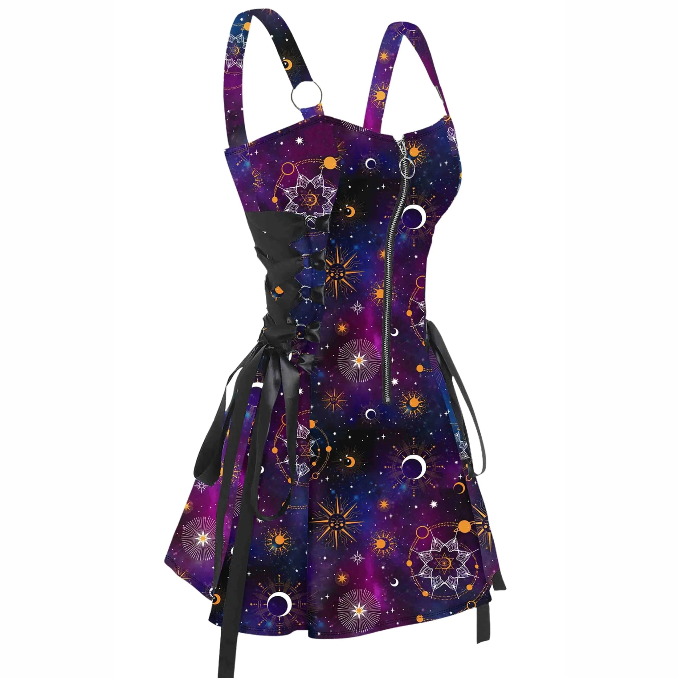 Womens Gothic Dress Galaxy  | Sun Star Sleeveless Zip Front | Lace Up A-Line Mini Dress