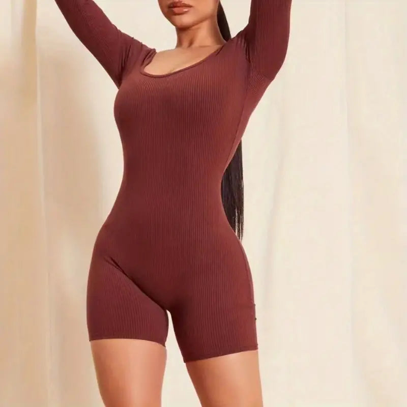Solid Scoop Neck Slim Long Sleeve Jumpsuit for Women