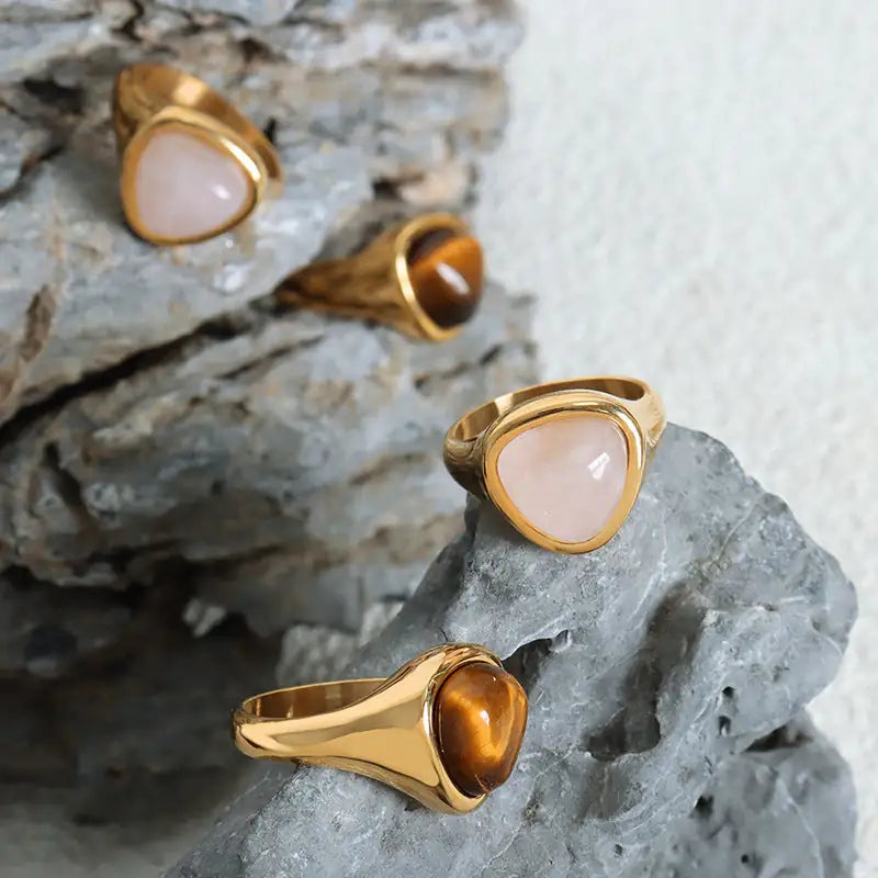 Natural Crystal Statement Ring | Pink Stone or Tiger Eye Titanium Steel Ring