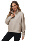 Womens Sweatshirts Half Zip Cropped Quarter Zipper Hoodies Waffle Pullover Tops with Pocket Khaki M