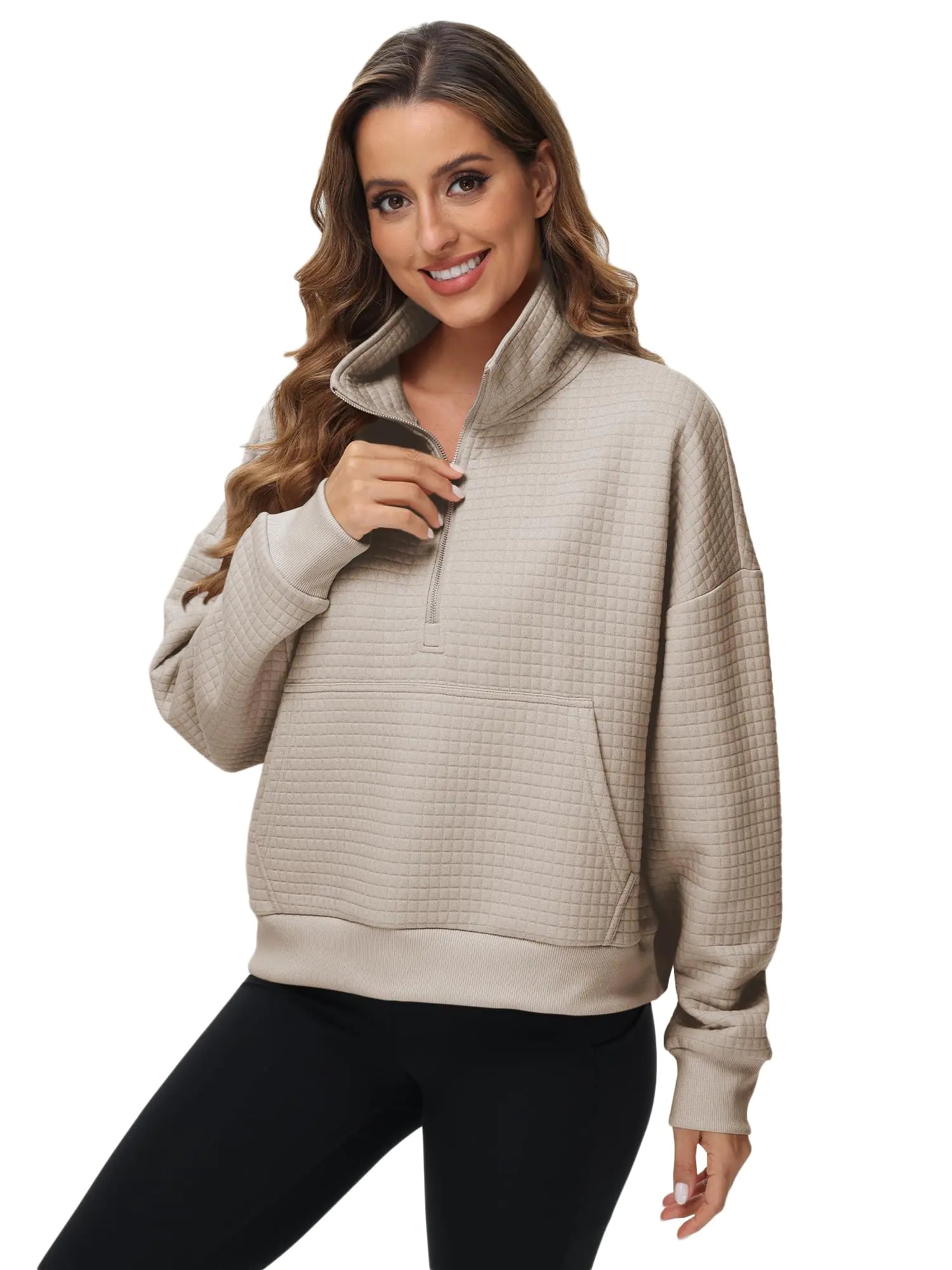 Womens Sweatshirts Half Zip Cropped Quarter Zipper Hoodies Waffle Pullover Tops with Pocket Khaki M
