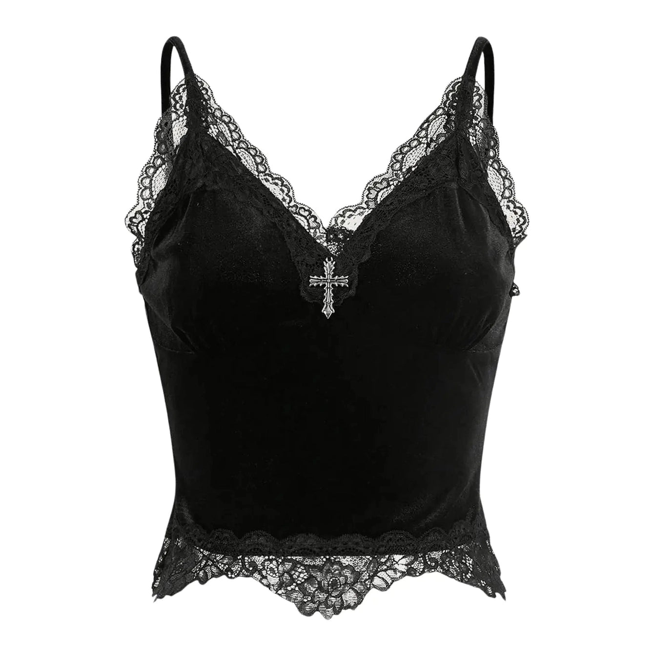 Floerns Womens Y2k Gothic Lace Solid Velvet Spaghetti Strap V Neck Cami Top Dark Black Small
