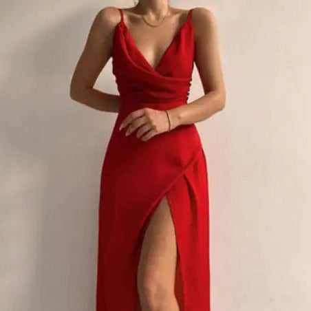 V-neck Slip Dress Low Cut Printed Slit Dress