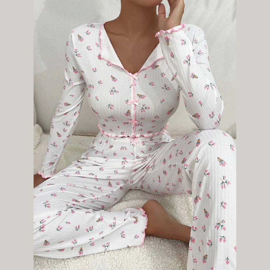 Home Wear Casual Printed Trousers Long Sleeve  Daily Wear Two-piece Set