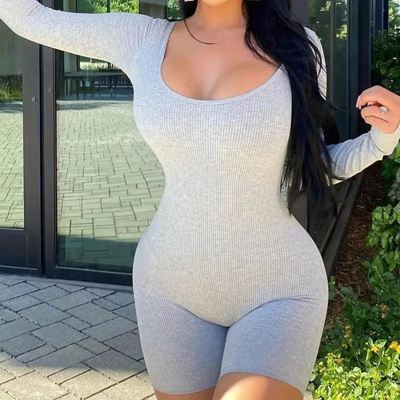 Solid Scoop Neck Slim Long Sleeve Jumpsuit for Women