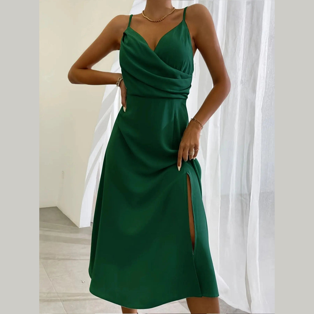 V-neck Slip Dress Low Cut Printed Slit Dress
