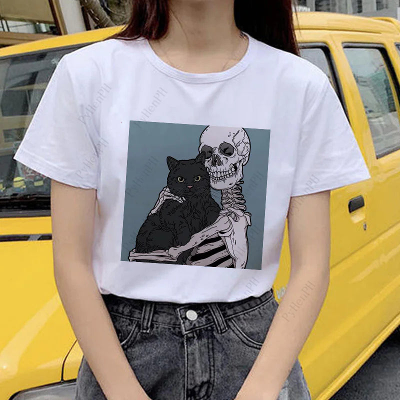 Kawaii Skull Cat Girl T-Shirt Top