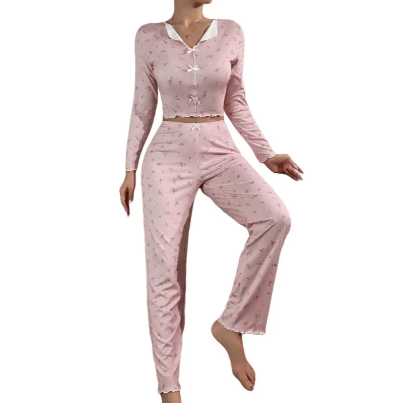 Home Wear Casual Printed Trousers Long Sleeve  Daily Wear Two-piece Set